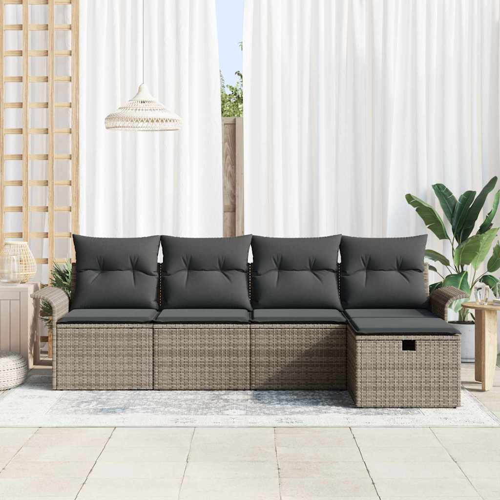 Havesofa Sæt med pude med opbevaring 5 pcs Grå Poly rattan