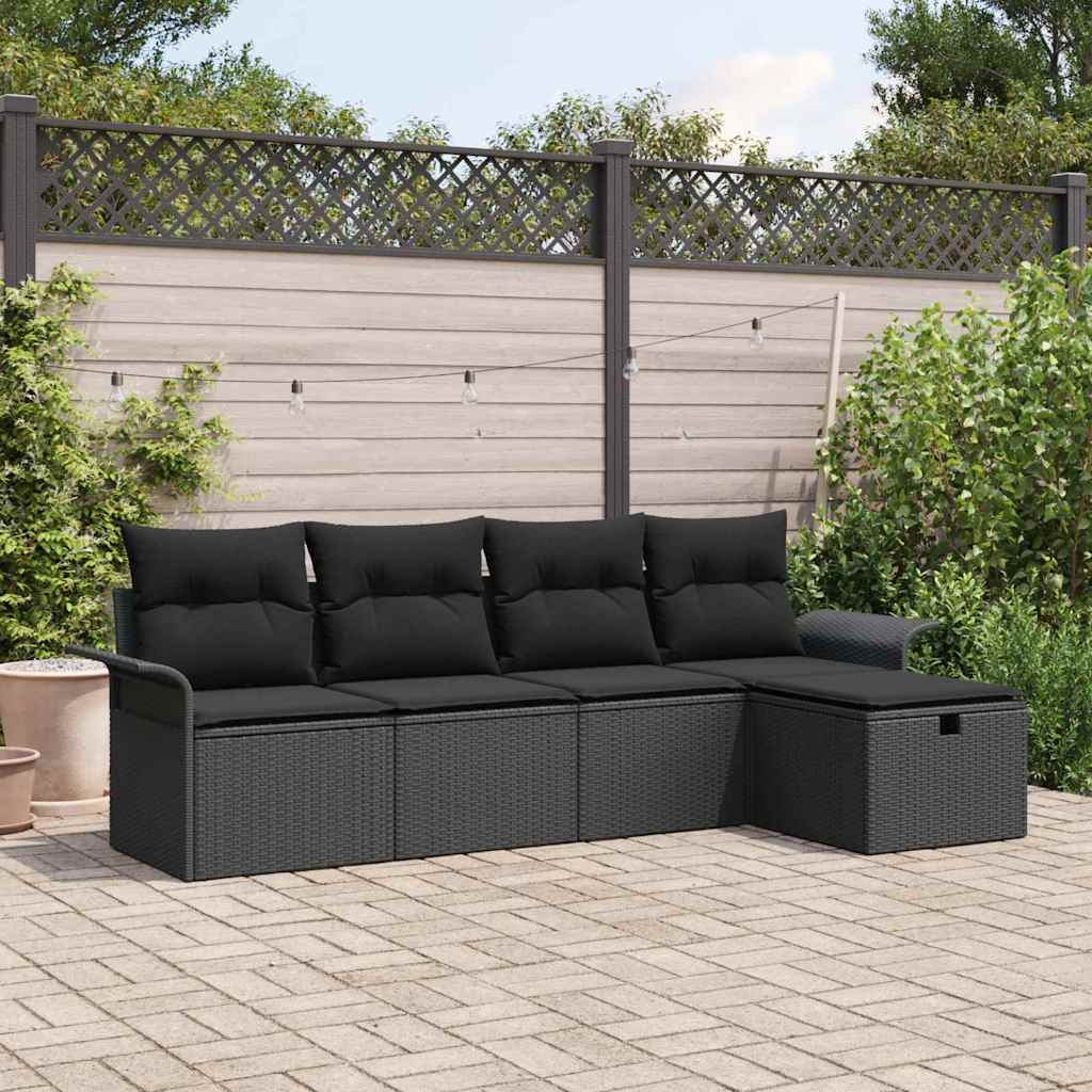 Havesofa Sæt med pude med opbevaring 5 pcs Sort Poly rattan