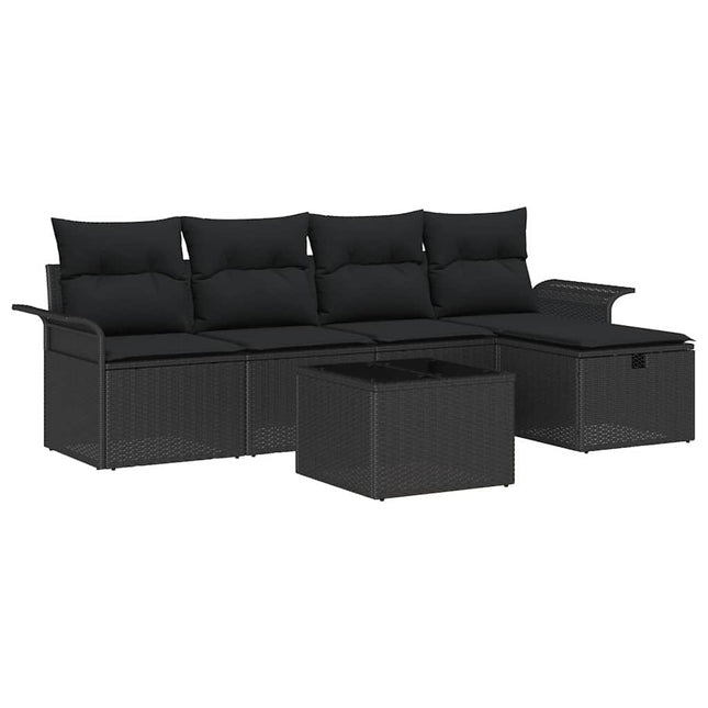 Havesofa Sæt med pude med opbevaring 6 pcs Sort Poly rattan