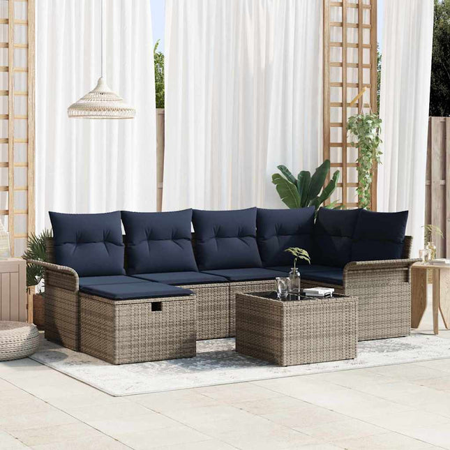 Havesofa Sæt med pude med opbevaring 7 pcs Grå Poly rattan