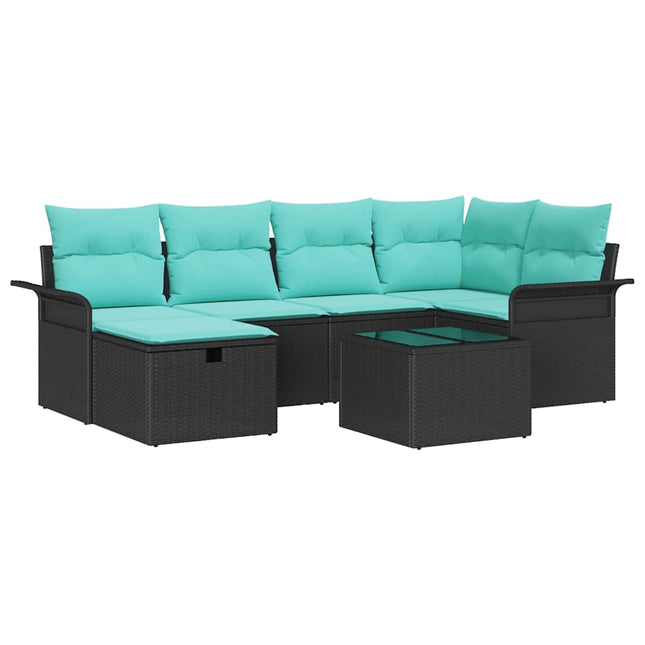 Havesofa Sæt med pude med opbevaring 7 pcs Sort Poly rattan