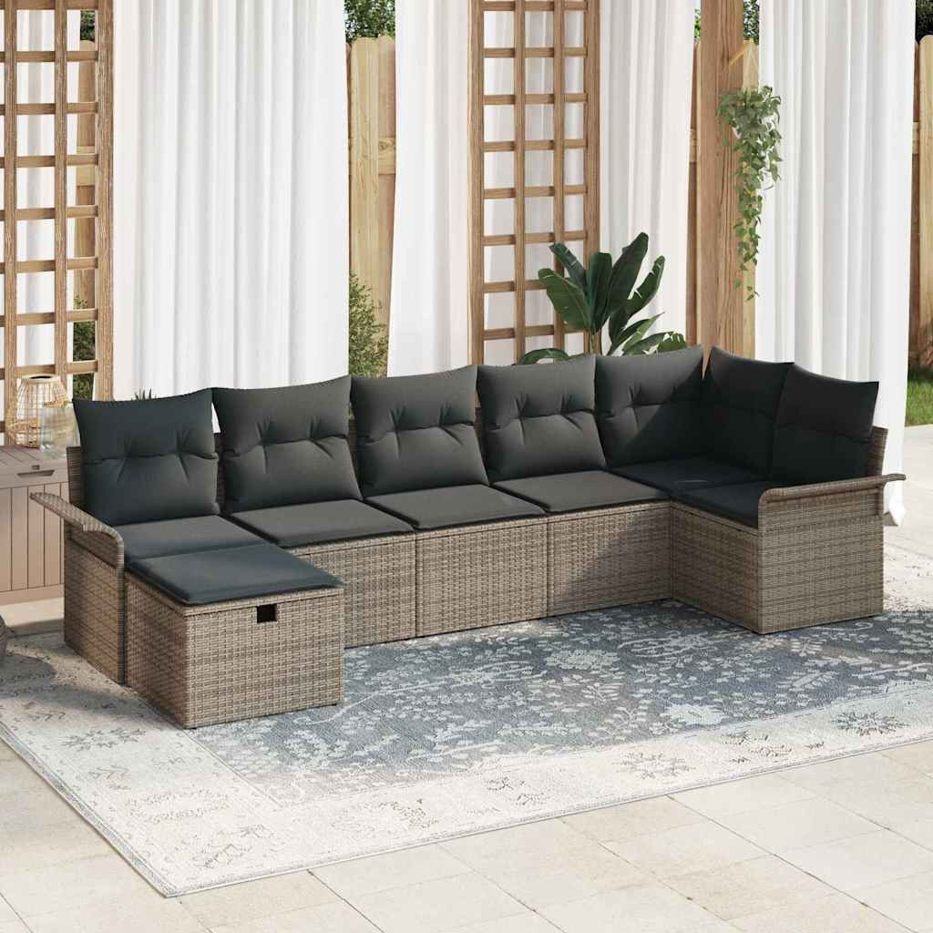 Havesofa Sæt med pude med opbevaring 7 pcs Grå Poly rattan