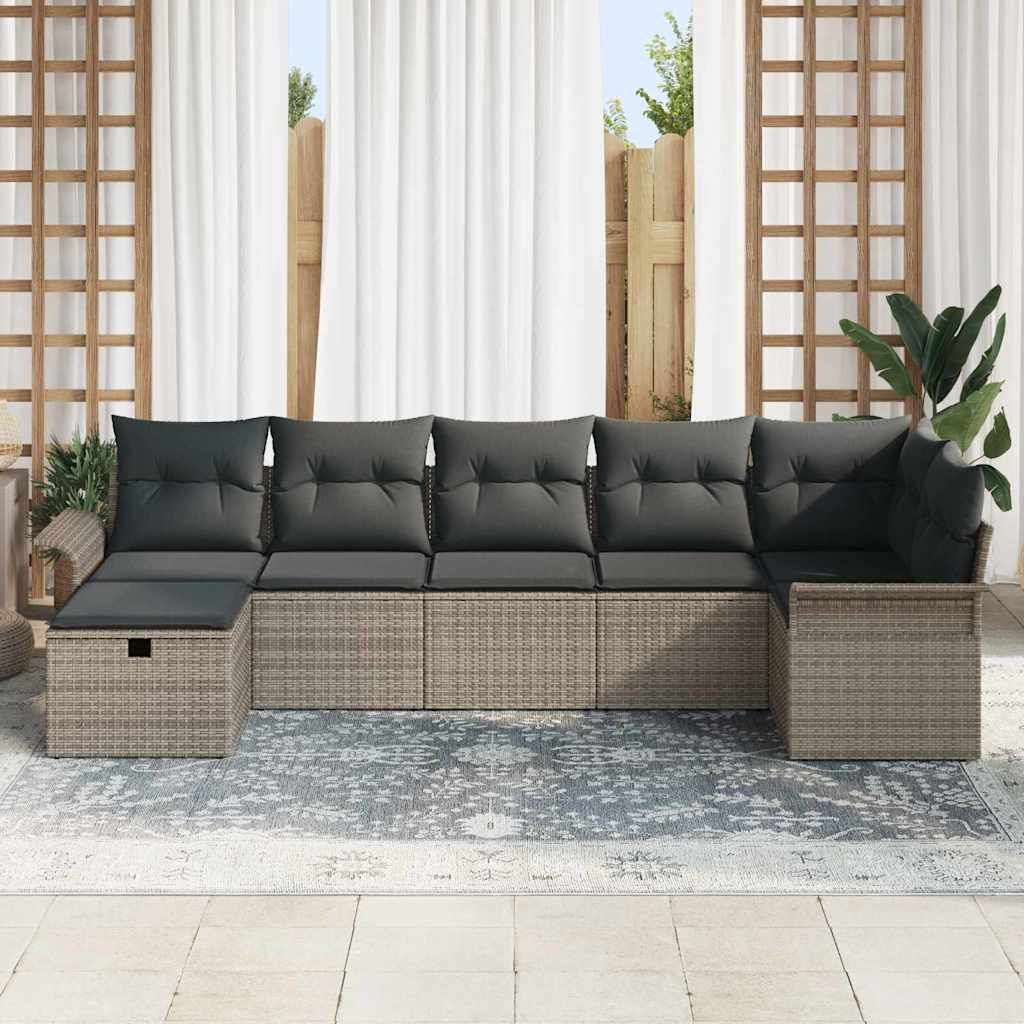 Havesofa Sæt med pude med opbevaring 7 pcs Grå Poly rattan