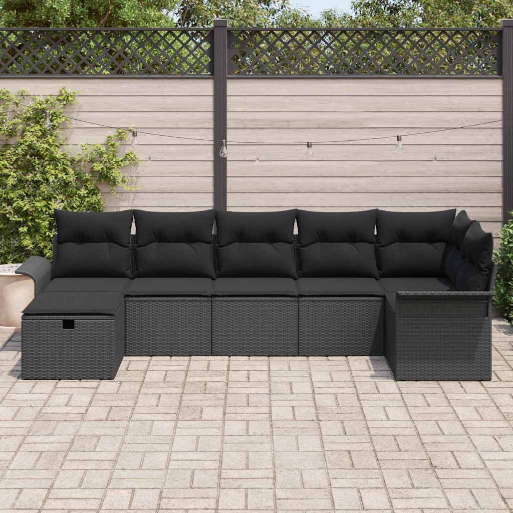 Havesofa Sæt med pude med opbevaring 7 pcs Sort Poly rattan
