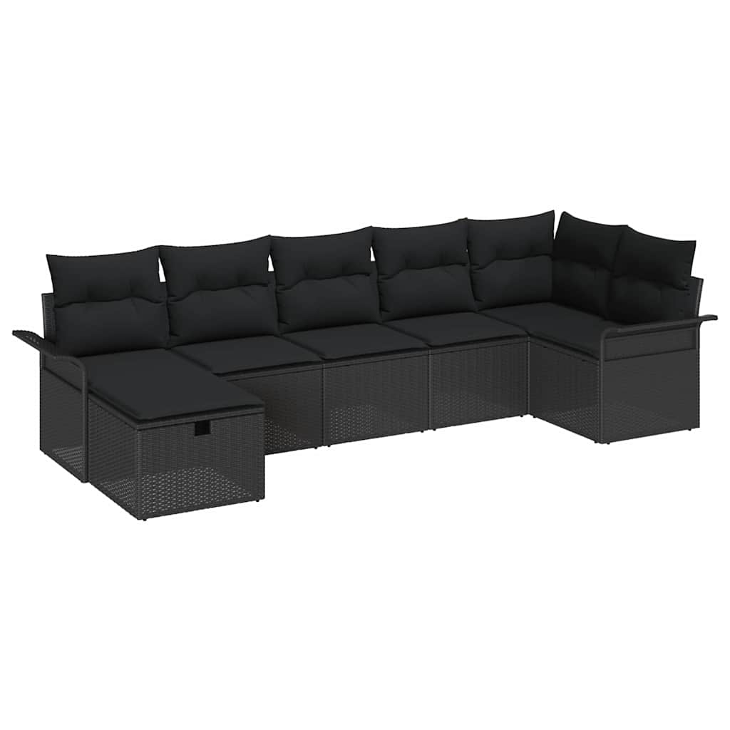 Havesofa Sæt med pude med opbevaring 7 pcs Sort Poly rattan