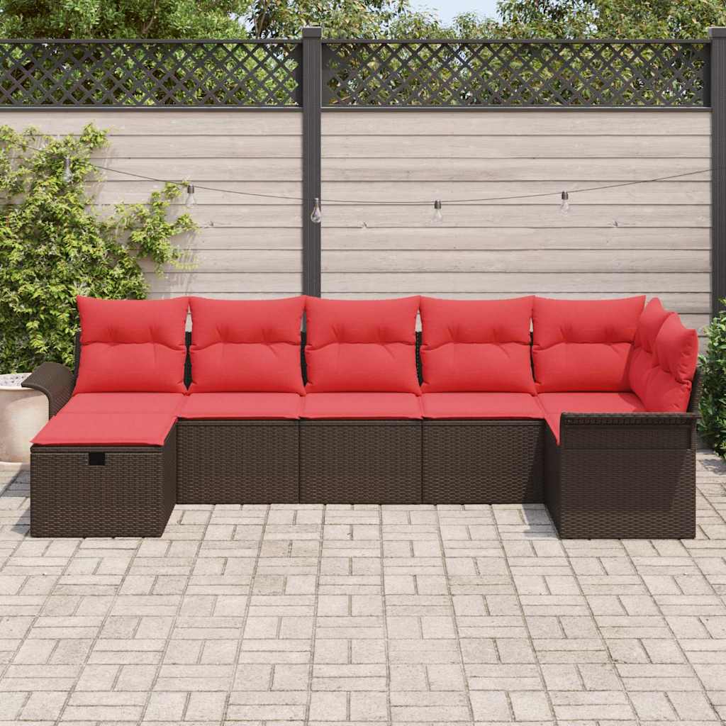 Havesofa Sæt med pude med opbevaring 7 pcs Brun Poly rattan