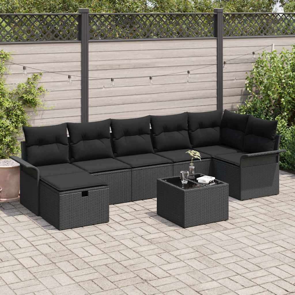 Havesofa Sæt med pude med opbevaring 8 pcs Sort Poly rattan