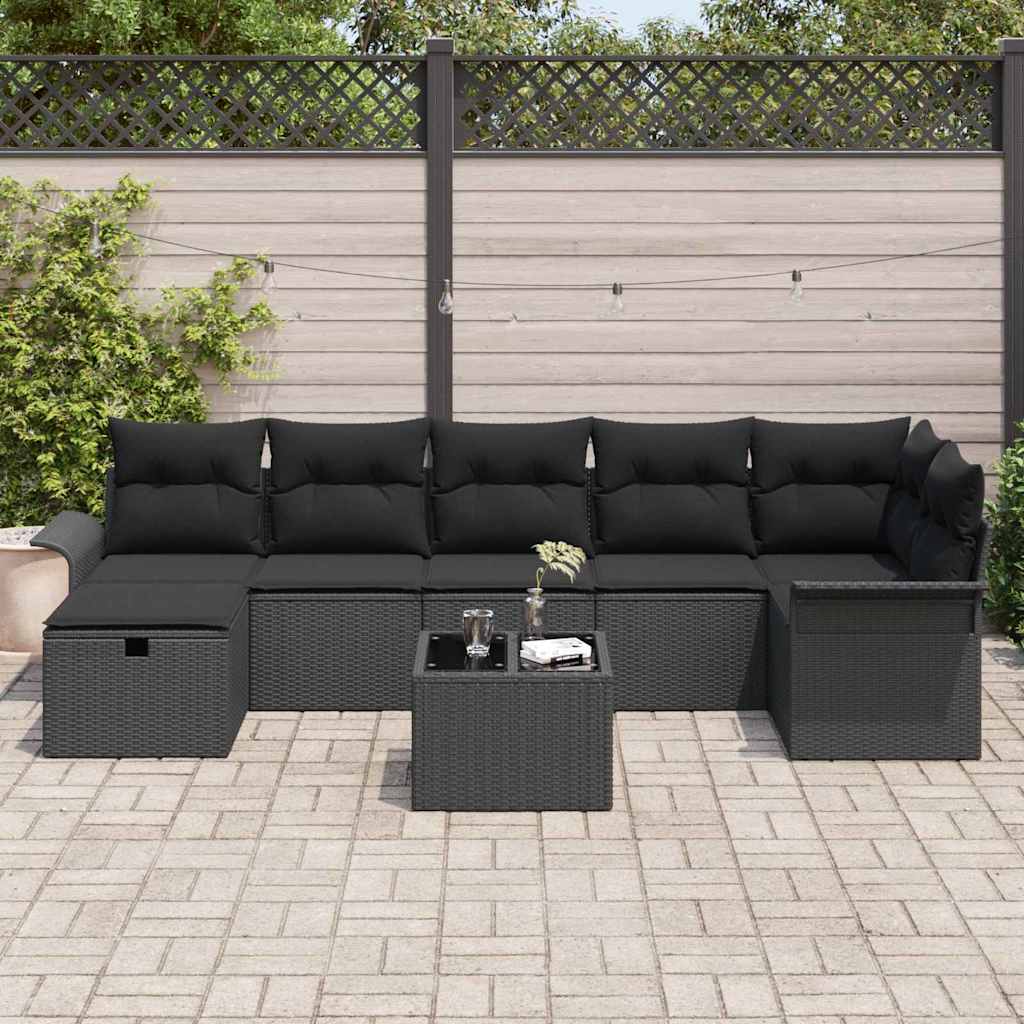 Havesofa Sæt med pude med opbevaring 8 pcs Sort Poly rattan