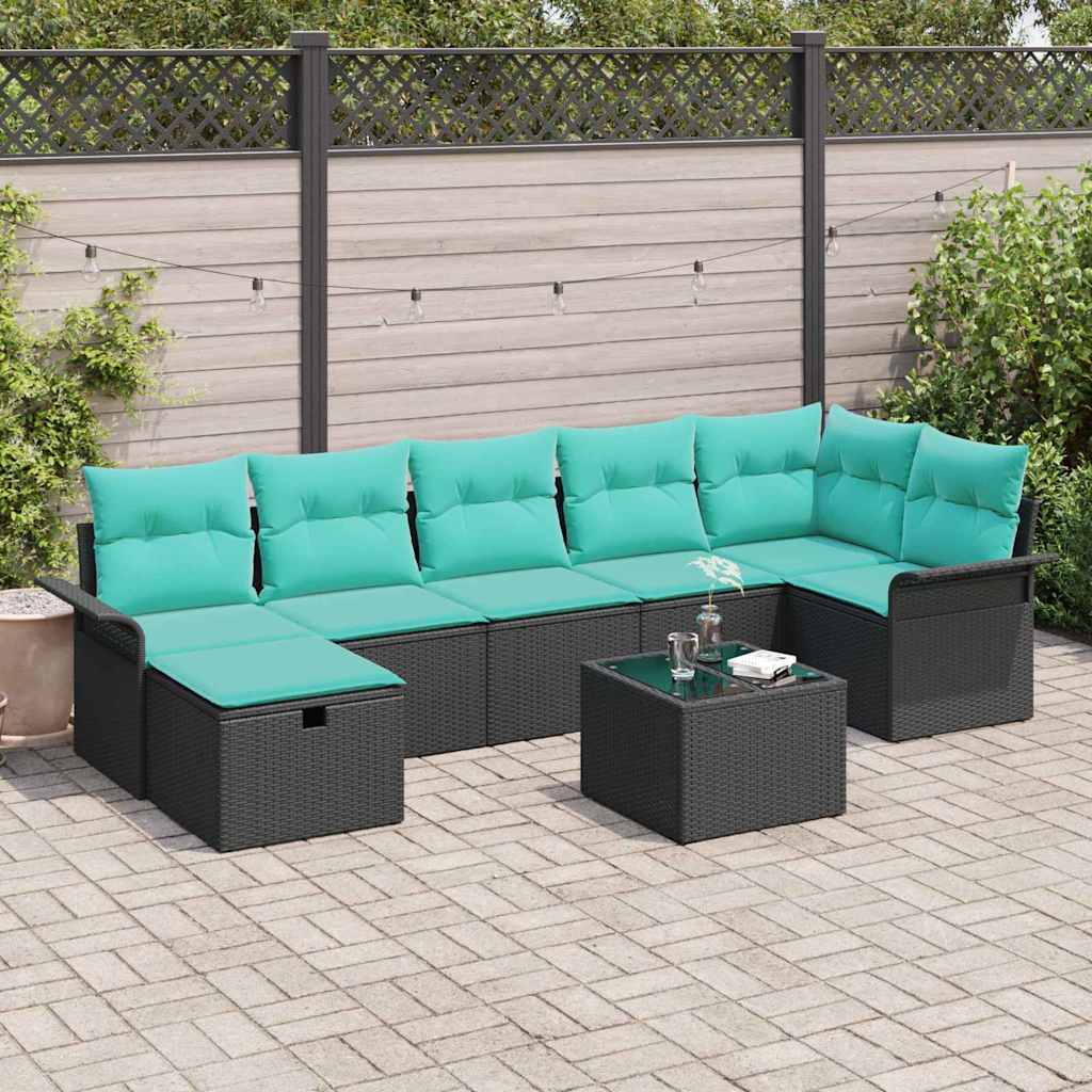 Havesofa Sæt med pude med opbevaring 8 pcs Sort Poly rattan