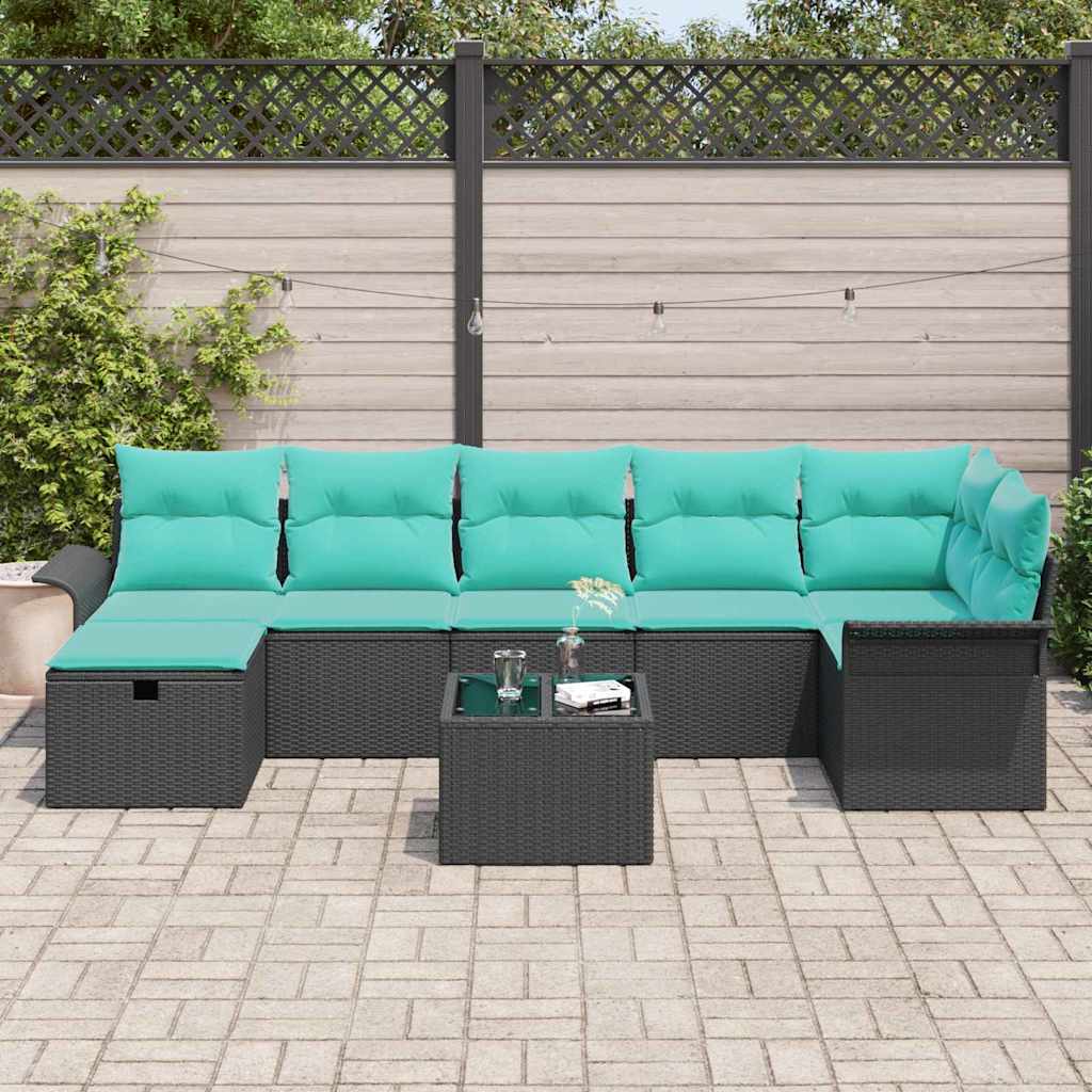 Havesofa Sæt med pude med opbevaring 8 pcs Sort Poly rattan