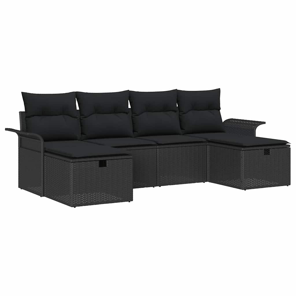 Havesofa Sæt med pude med opbevaring 6 pcs Sort Poly rattan