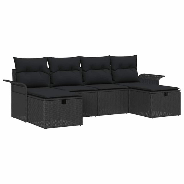 Havesofa Sæt med pude med opbevaring 6 pcs Sort Poly rattan