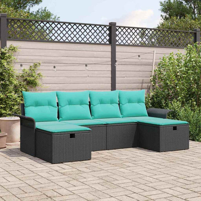 Havesofa Sæt med pude med opbevaring 6 pcs Sort Poly rattan