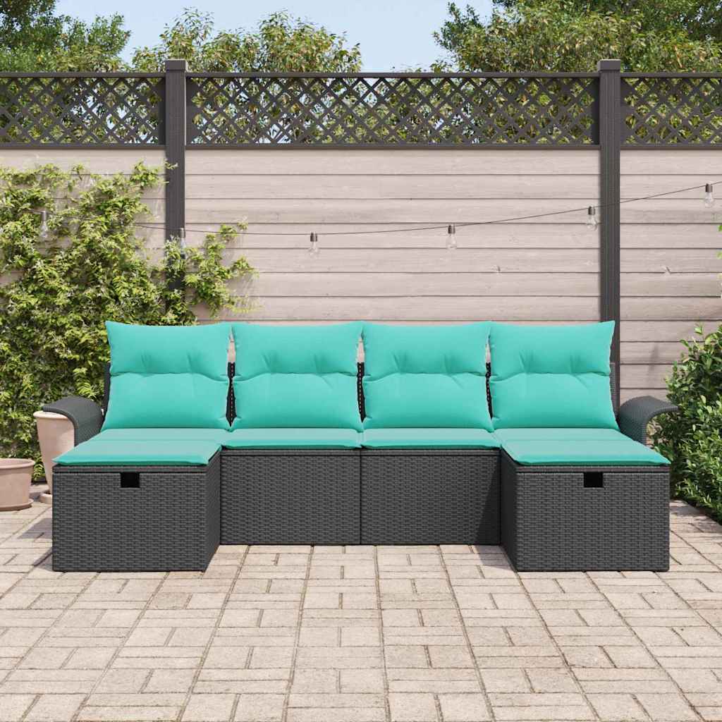 Havesofa Sæt med pude med opbevaring 6 pcs Sort Poly rattan