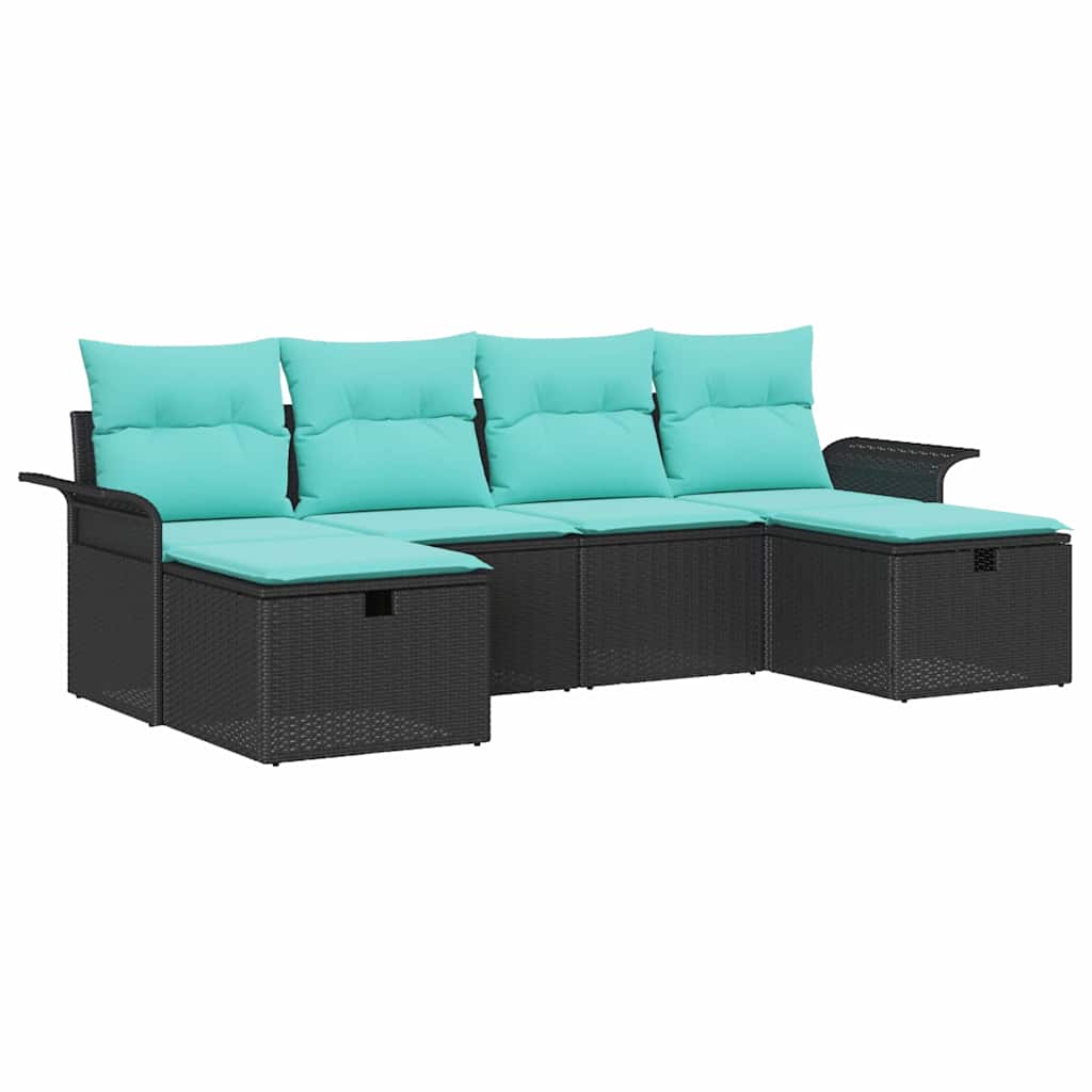 Havesofa Sæt med pude med opbevaring 6 pcs Sort Poly rattan