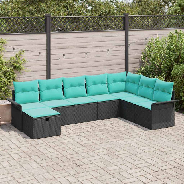 Havesofa Sæt med pude med opbevaring 8 pcs Sort Poly rattan