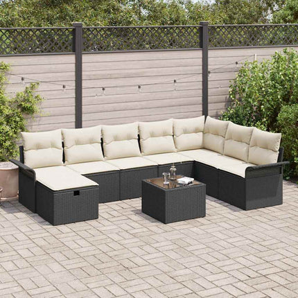 Havesofa Sæt med pude med opbevaring 9 pcs Sort Poly rattan