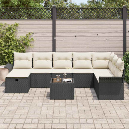 Havesofa Sæt med pude med opbevaring 9 pcs Sort Poly rattan