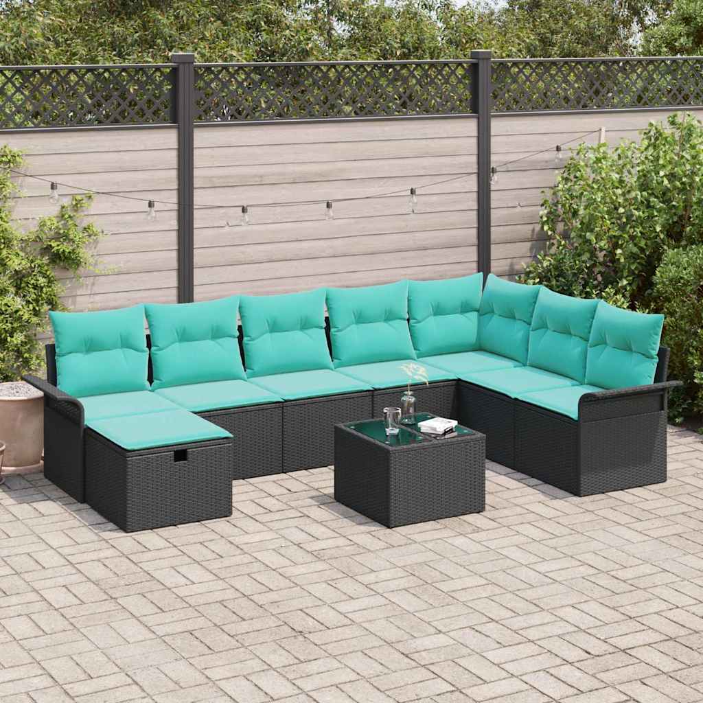 Havesofa Sæt med pude med opbevaring 9 pcs Sort Poly rattan
