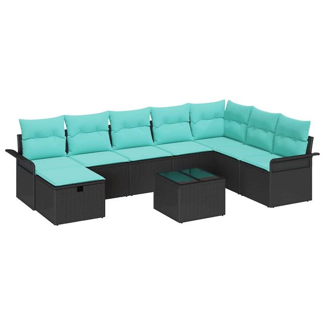 Havesofa Sæt med pude med opbevaring 9 pcs Sort Poly rattan
