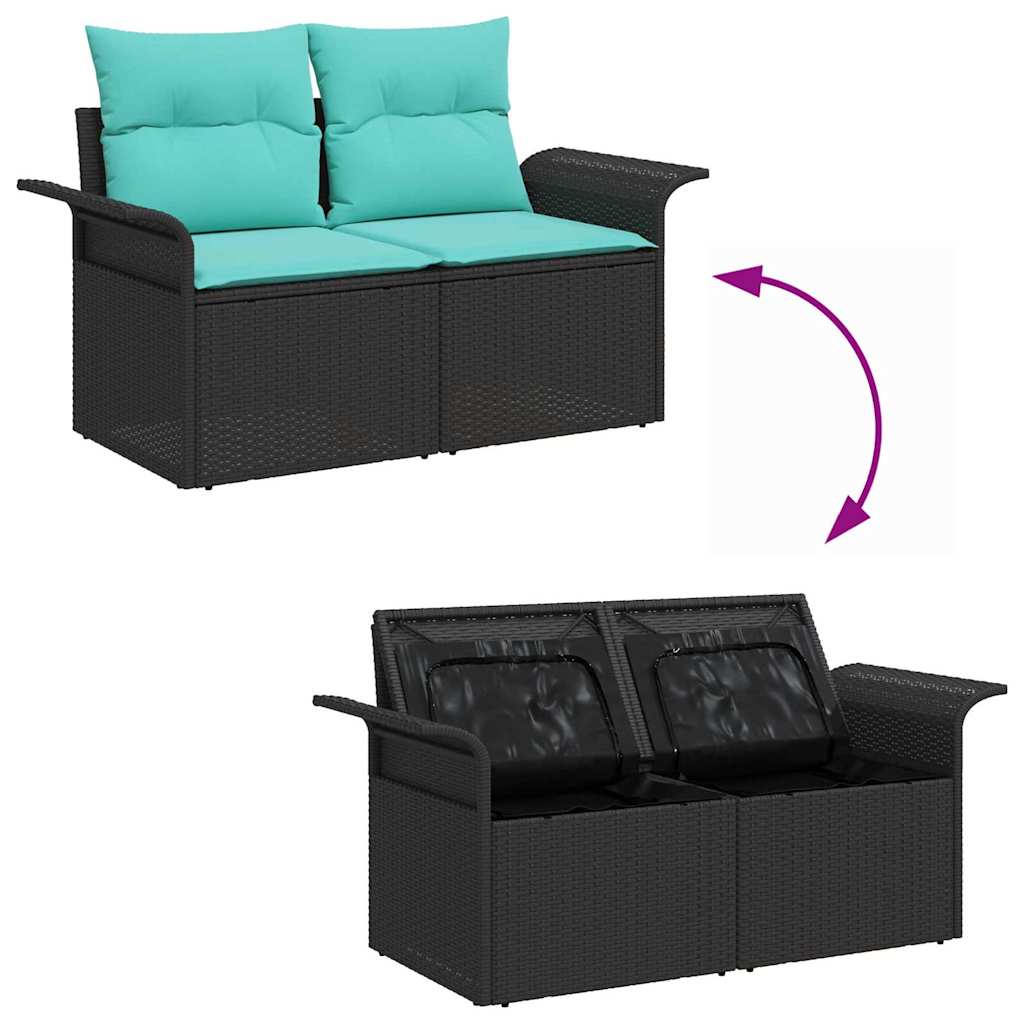 Havesofa Sæt med pude med opbevaring 9 pcs Sort Poly rattan