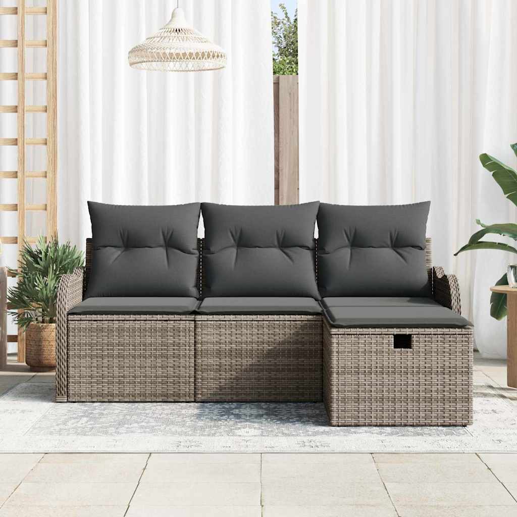 Havesofa Sæt med pude med opbevaring 4 pcs Grå Poly rattan