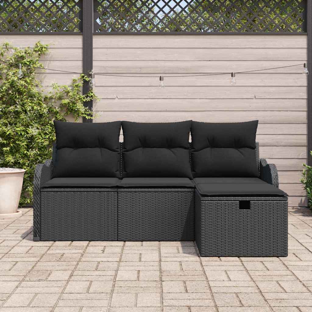 Havesofa Sæt med pude med opbevaring 4 pcs Sort Poly rattan
