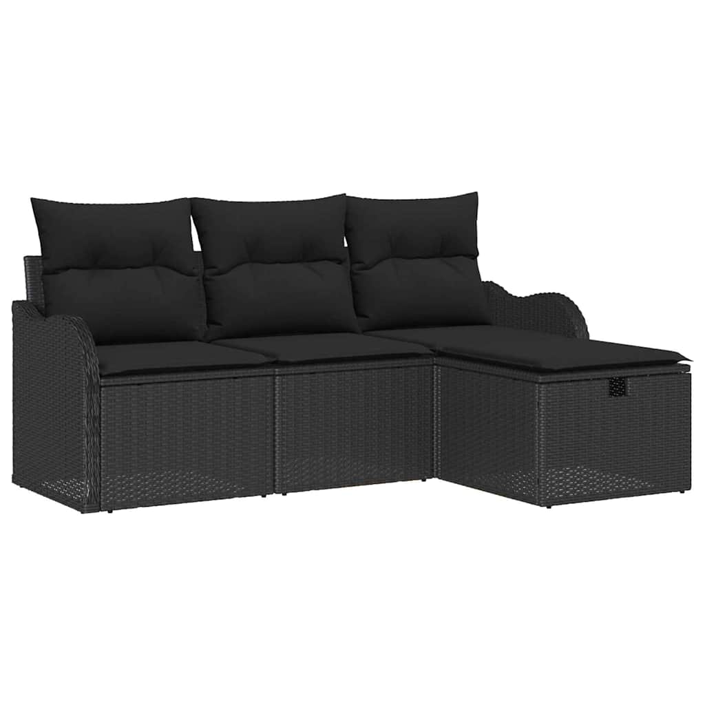 Havesofa Sæt med pude med opbevaring 4 pcs Sort Poly rattan