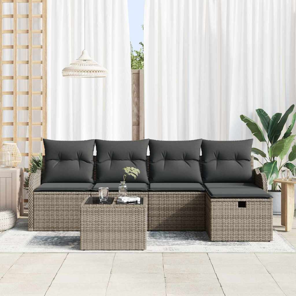 Havesofa Sæt med pude med opbevaring 6 pcs Grå Poly rattan