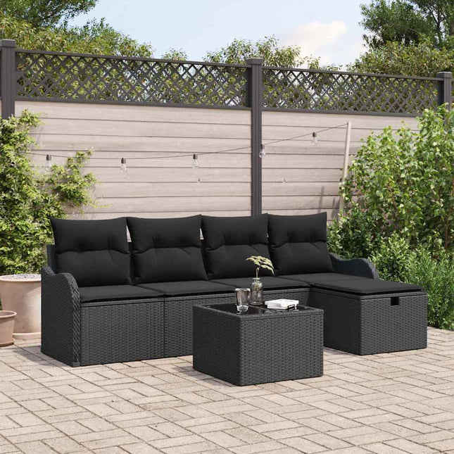 Havesofa Sæt med pude med opbevaring 6 pcs Sort Poly rattan