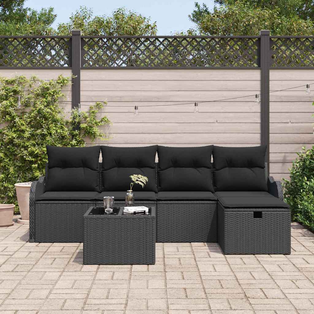 Havesofa Sæt med pude med opbevaring 6 pcs Sort Poly rattan