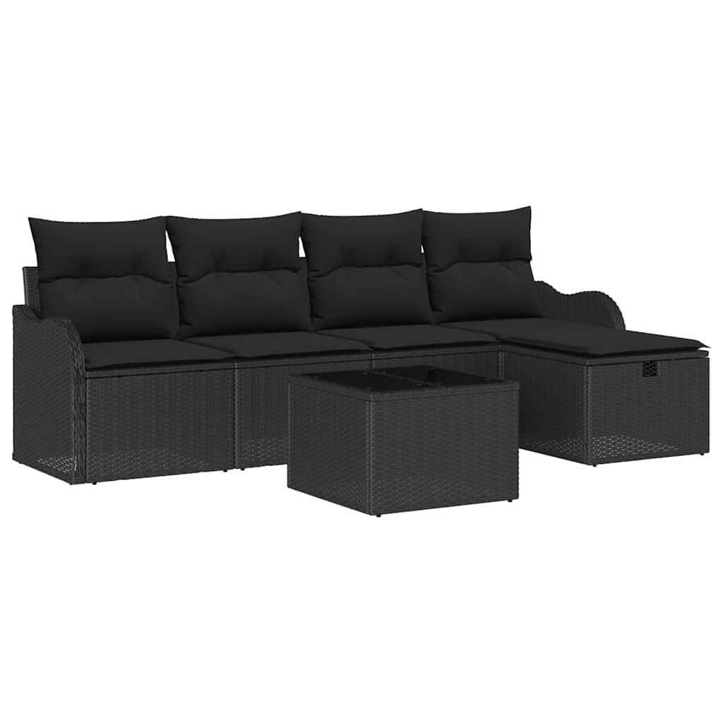 Havesofa Sæt med pude med opbevaring 6 pcs Sort Poly rattan