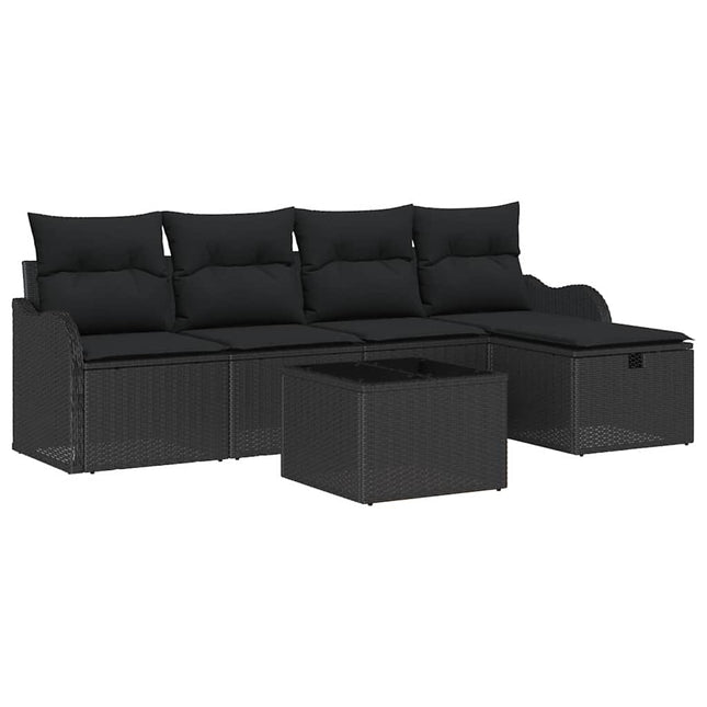 Havesofa Sæt med pude med opbevaring 6 pcs Sort Poly rattan