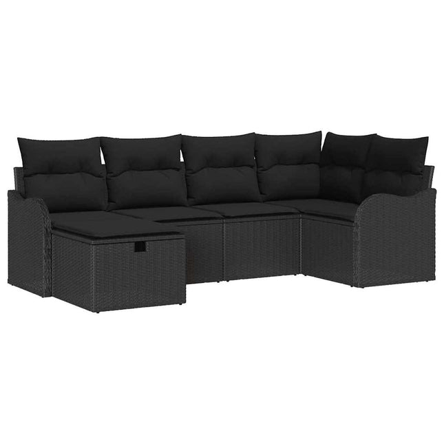 Havesofa Sæt med pude med opbevaring 6 pcs Sort Poly rattan