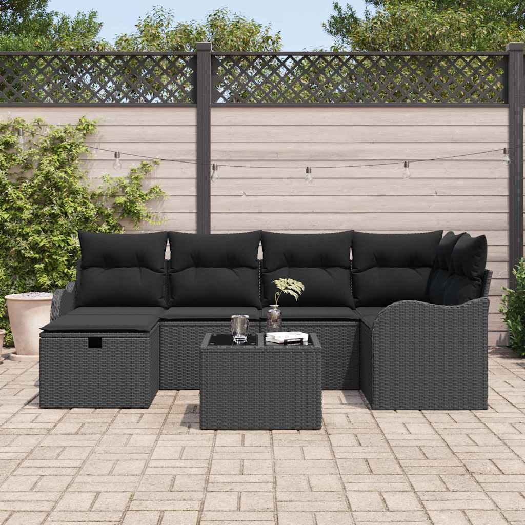 Havesofa Sæt med pude med opbevaring 7 pcs Sort Poly rattan