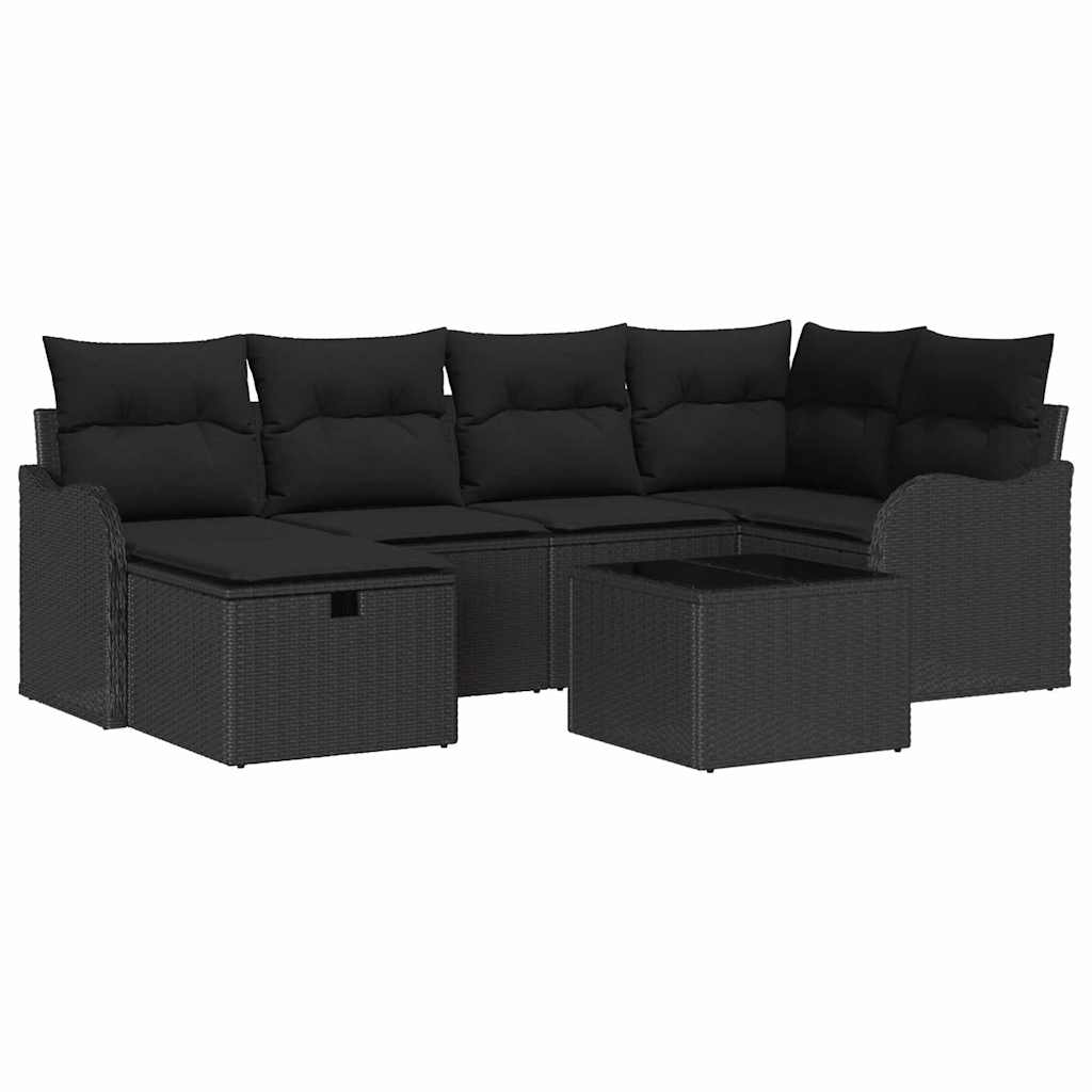 Havesofa Sæt med pude med opbevaring 7 pcs Sort Poly rattan