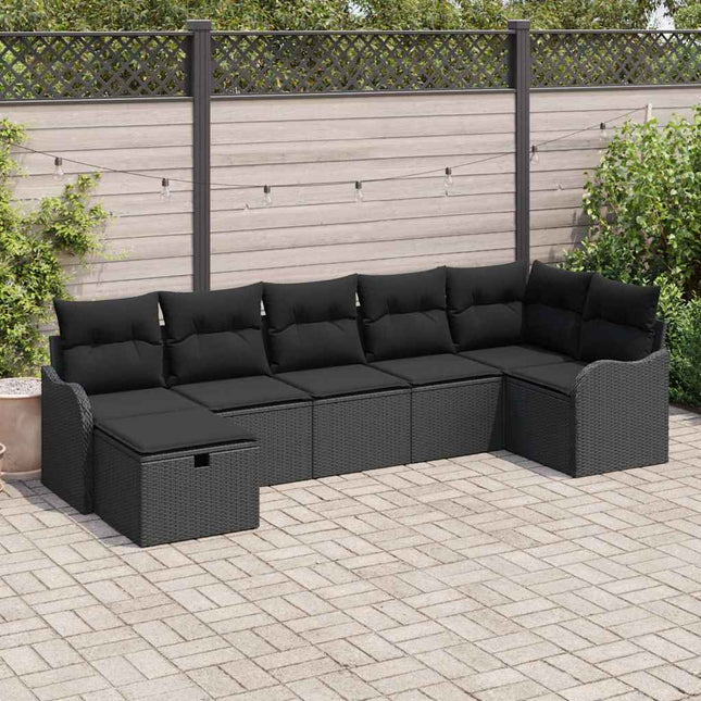 Havesofa Sæt med pude med opbevaring 7 pcs Sort Poly rattan