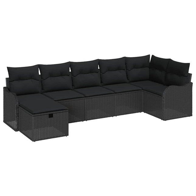 Havesofa Sæt med pude med opbevaring 7 pcs Sort Poly rattan