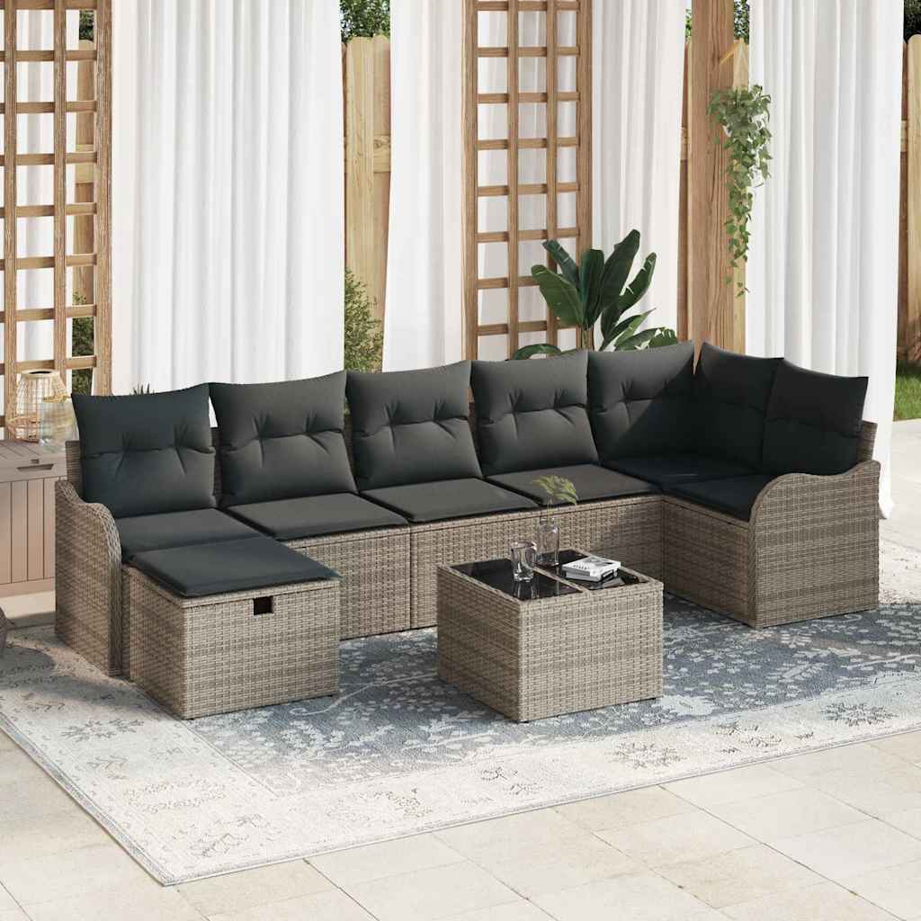 Havesofa Sæt med pude med opbevaring 8 pcs Grå Poly rattan