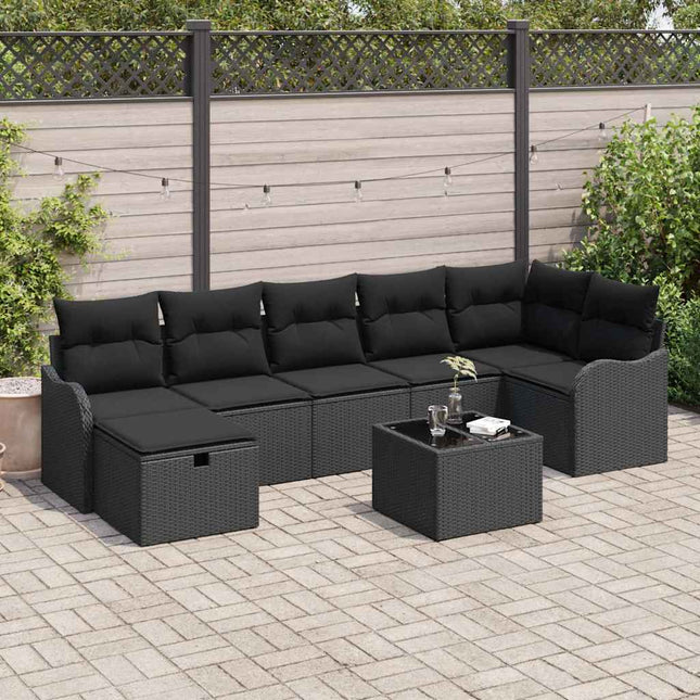 Havesofa Sæt med pude med opbevaring 8 pcs Sort Poly rattan