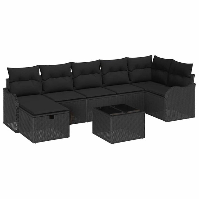 Havesofa Sæt med pude med opbevaring 8 pcs Sort Poly rattan