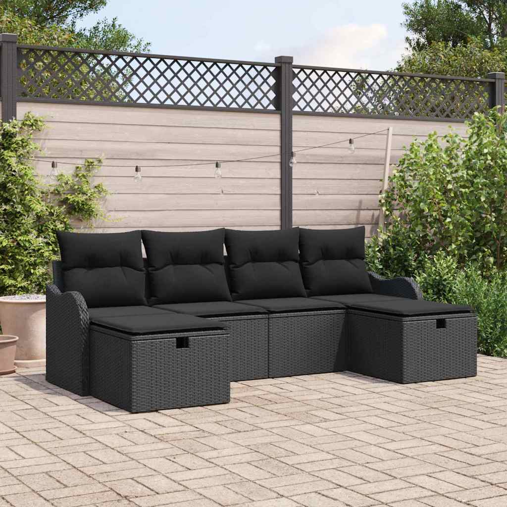Havesofa Sæt med pude med opbevaring 6 pcs Sort Poly rattan