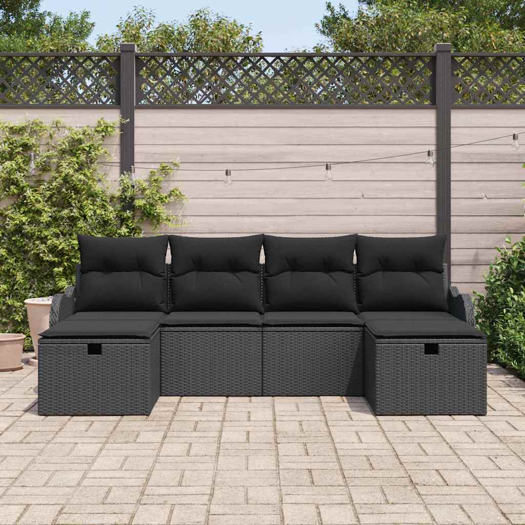 Havesofa Sæt med pude med opbevaring 6 pcs Sort Poly rattan