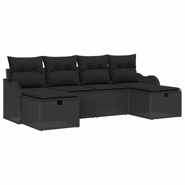 Havesofa Sæt med pude med opbevaring 6 pcs Sort Poly rattan