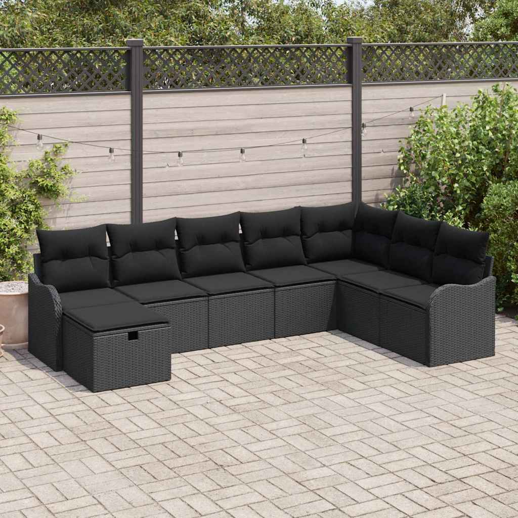 Havesofa Sæt med pude med opbevaring 8 pcs Sort Poly rattan