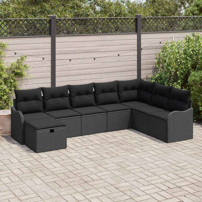 Havesofa Sæt med pude med opbevaring 8 pcs Sort Poly rattan