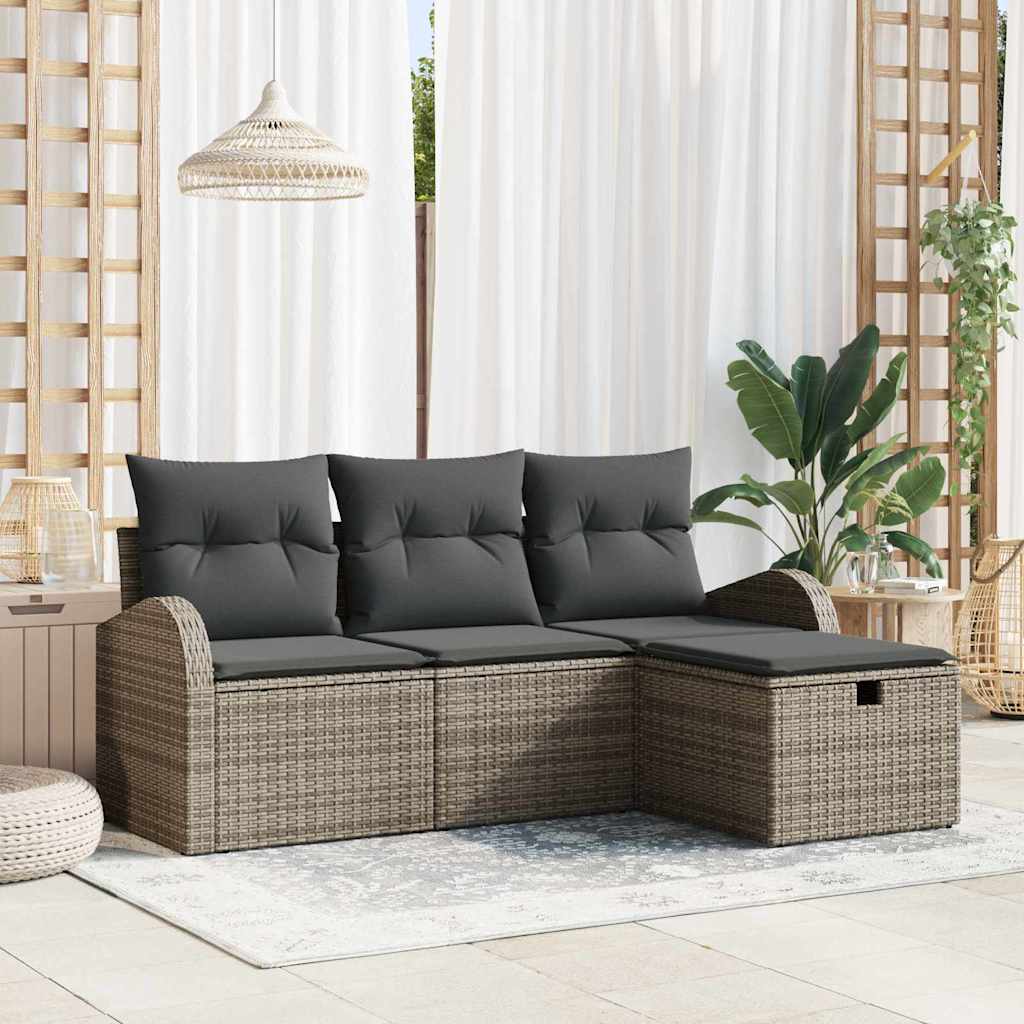Havesofa Sæt med pude med opbevaring 4 pcs Grå Poly rattan