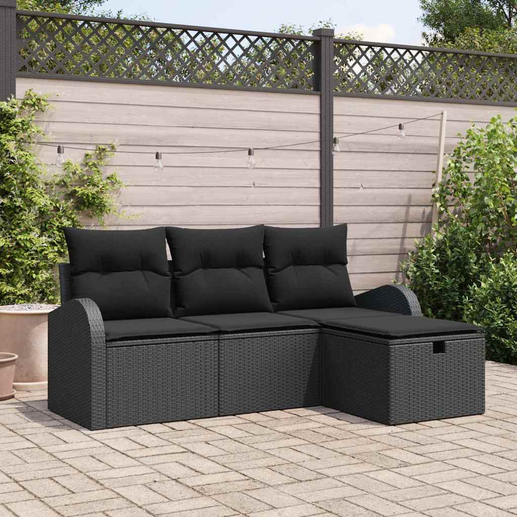 Havesofa Sæt med pude med opbevaring 4 pcs Sort polyrattan