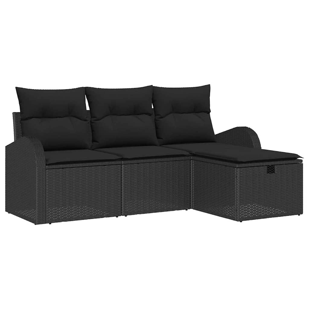 Havesofa Sæt med pude med opbevaring 4 pcs Sort polyrattan