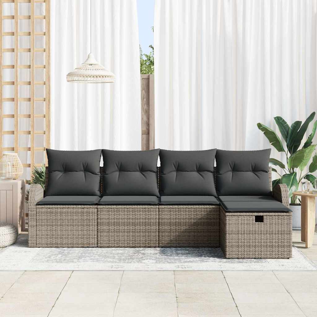 Havesofa Sæt med pude med opbevaring 5 pcs Grå Poly rattan